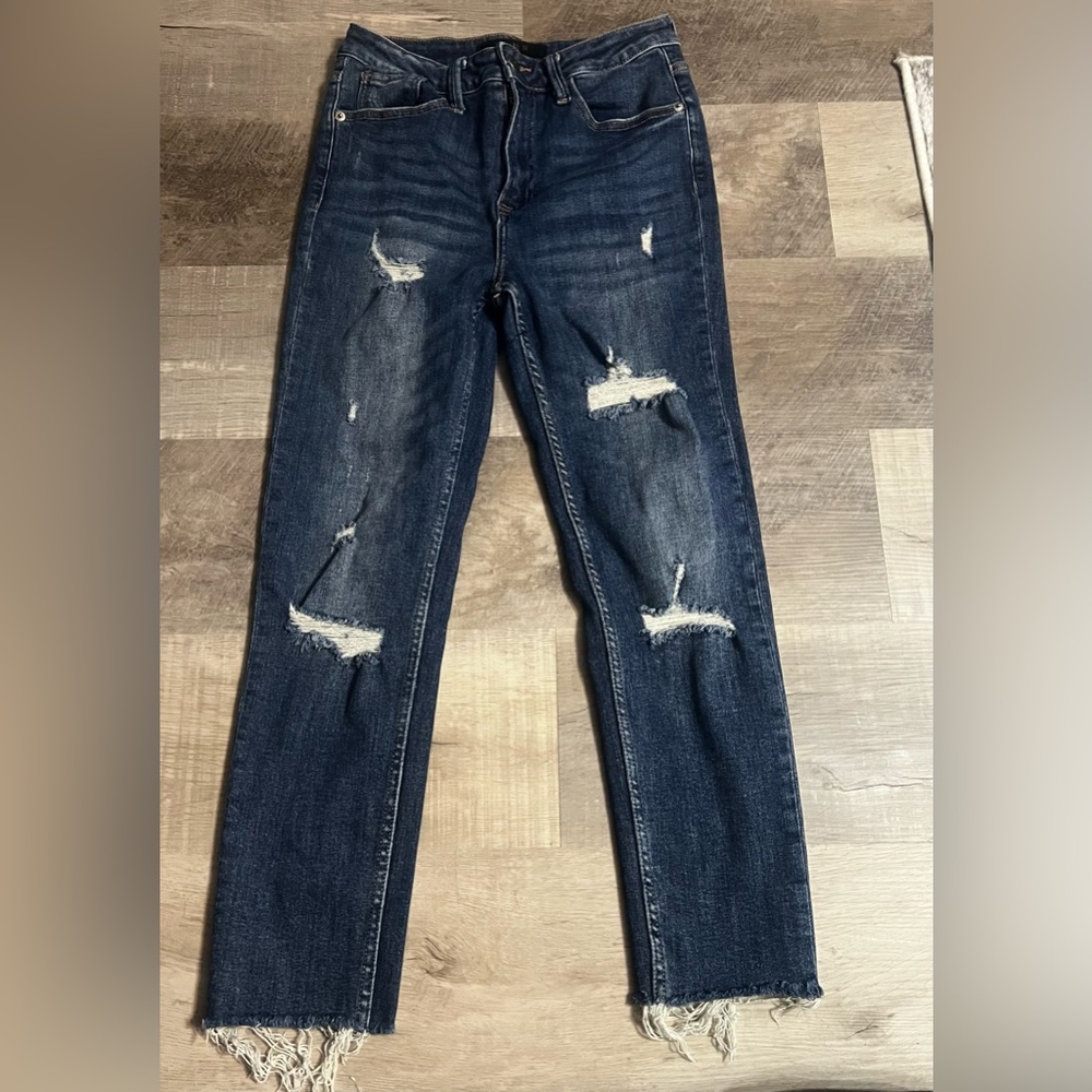 Classic Distressed Skinny Jeans in Dark Blue